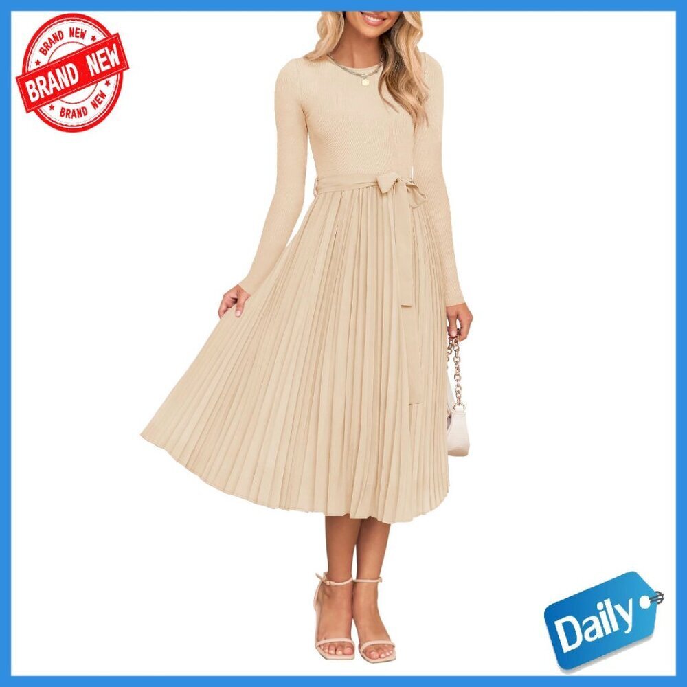 Long Sleeve Midi Dress Knit Top Pleated Skirt A-Line Belted Casual Party